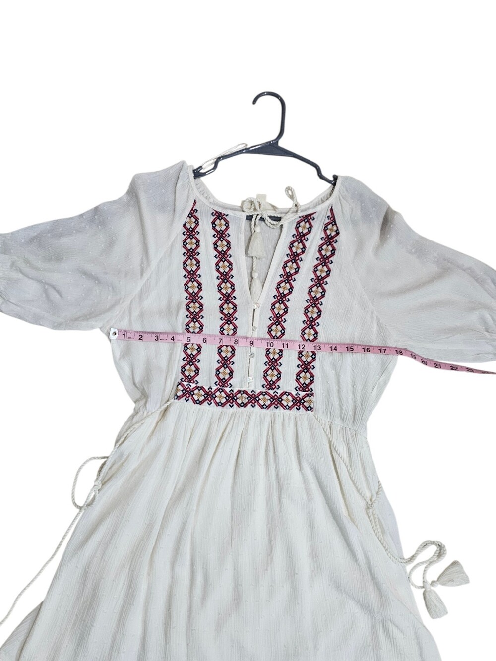 Lovestitch Ivory Embroidered Boho Midi Dress Tassel Tie Waist Peasant Medium - Picture 7 of 7